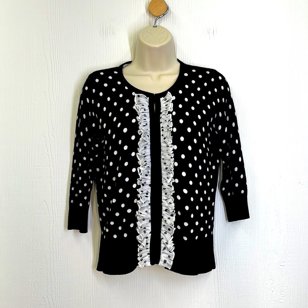 White House Black Market - Polka Dot Chiffon Ruffle Trim Cardigan Size XS